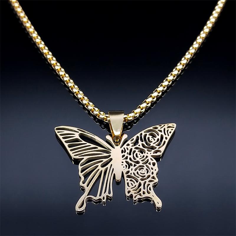 Aesthetic Butterfly Rose Flower Pendant Necklace Stainless Steel Gold Color Hollow Flying Wing Chain Jewelry Colgantes N6121S01