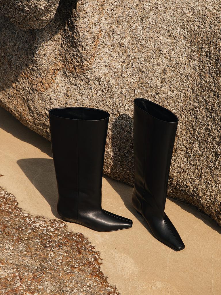 Cowhide version autumn and winter square head leather wedge heel knight boots women's straight boots high boots but knee wide tube thin boots