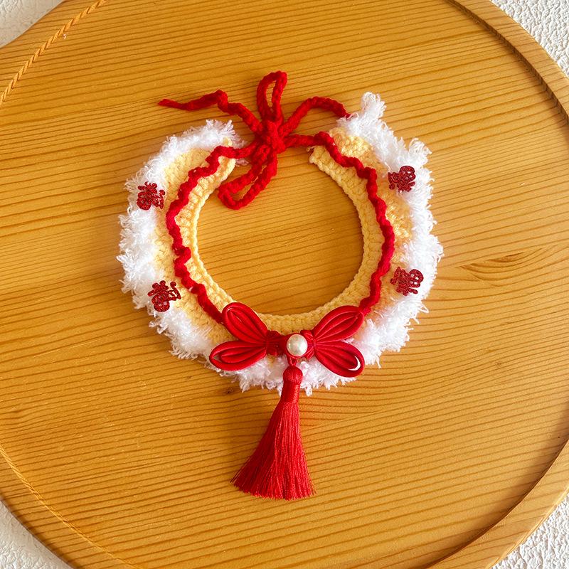 New Year Pet Scarf & Bib: Chinese Knot Wool Accessory for Cats & Dogs