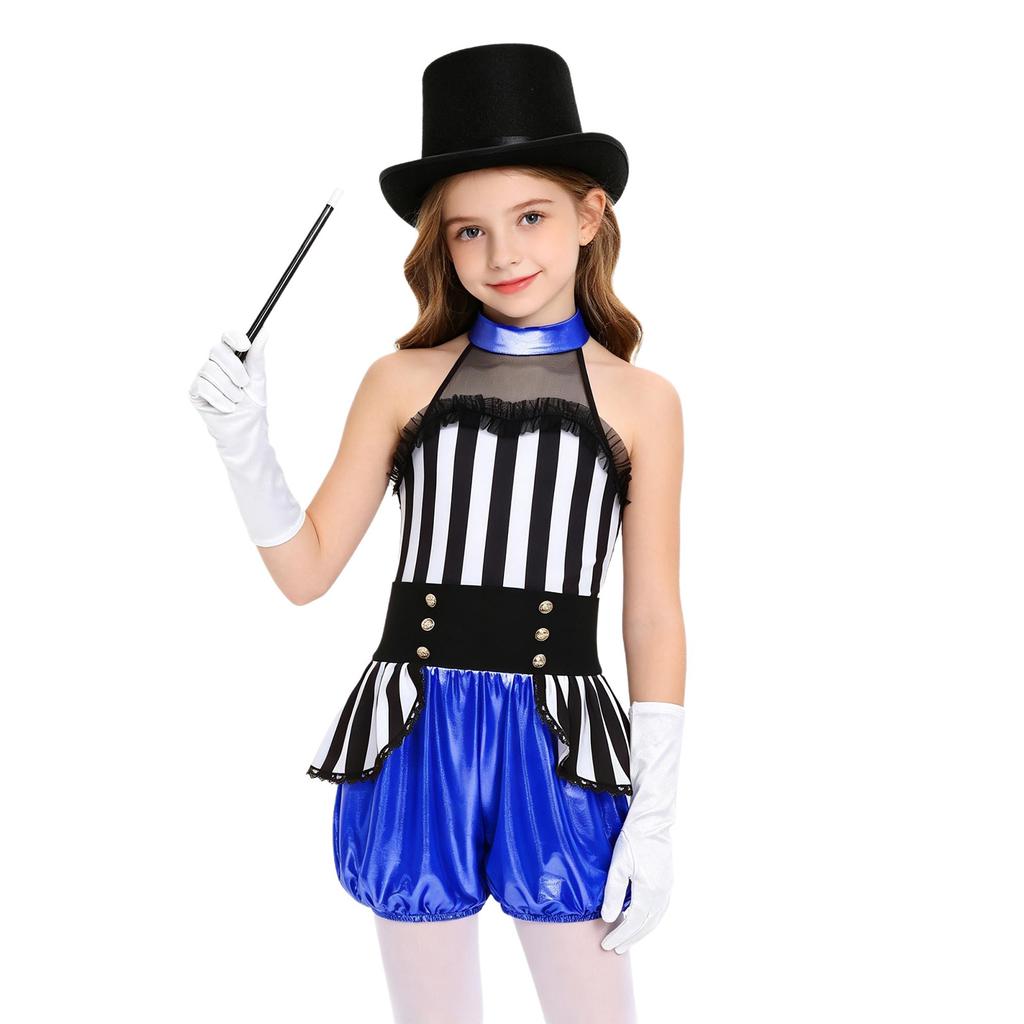 Girls Metallic Jumpsuit Sleeveless Patchwork Ringmaster Dress Up Set 4 Pieces Hat Wand Gloves