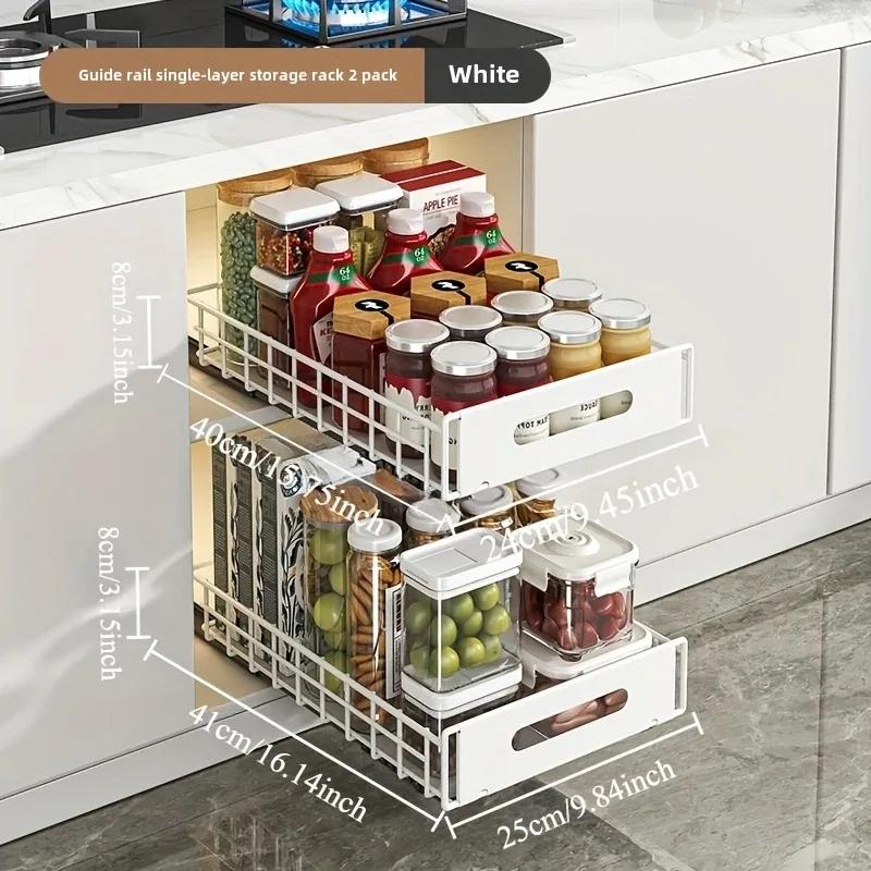 1-2pcs Pull-Out Kitchen Cabinet Storage Basket Condiment Holder Multifunctional Drawer Rack for Household Cabinet Organizing 2-tier
