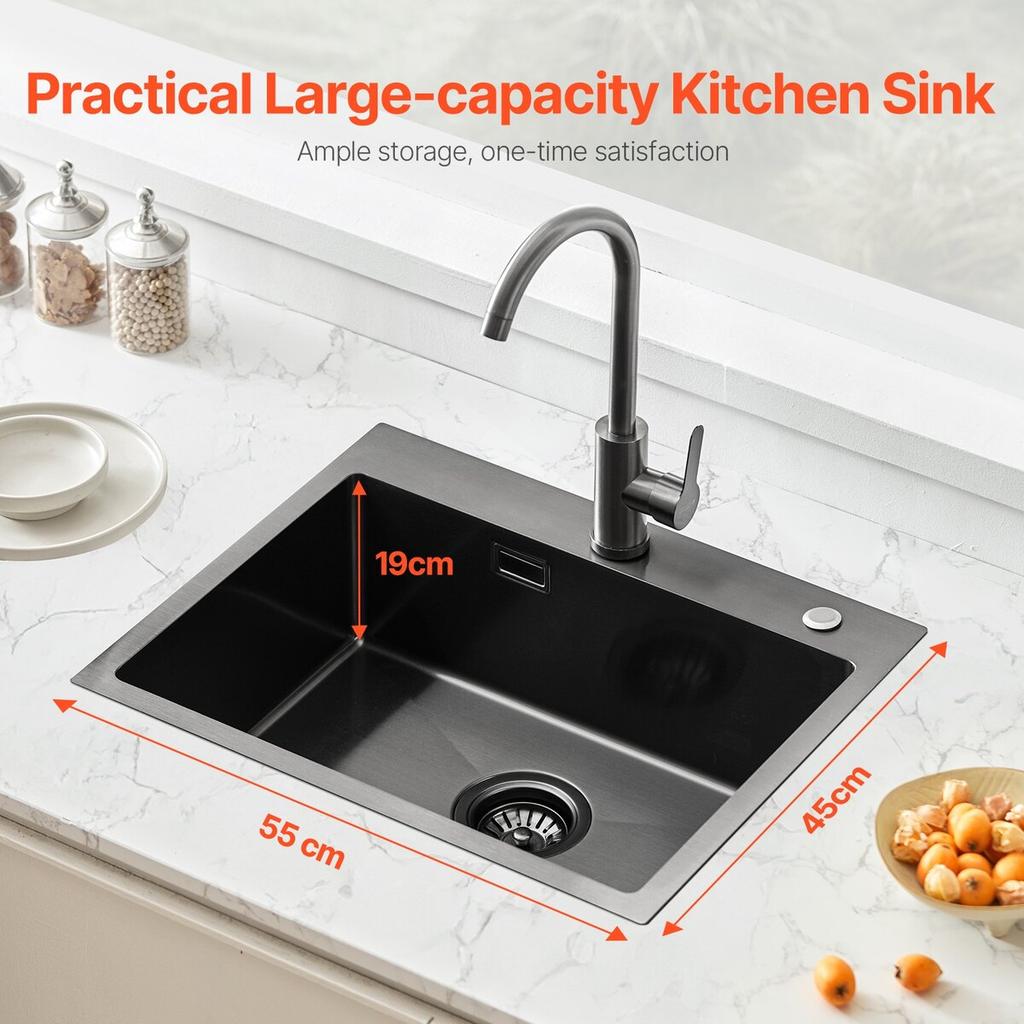 55cm Kitchen Sink Topmount Single Bowl Drop-In Basin Stainless Steel Black