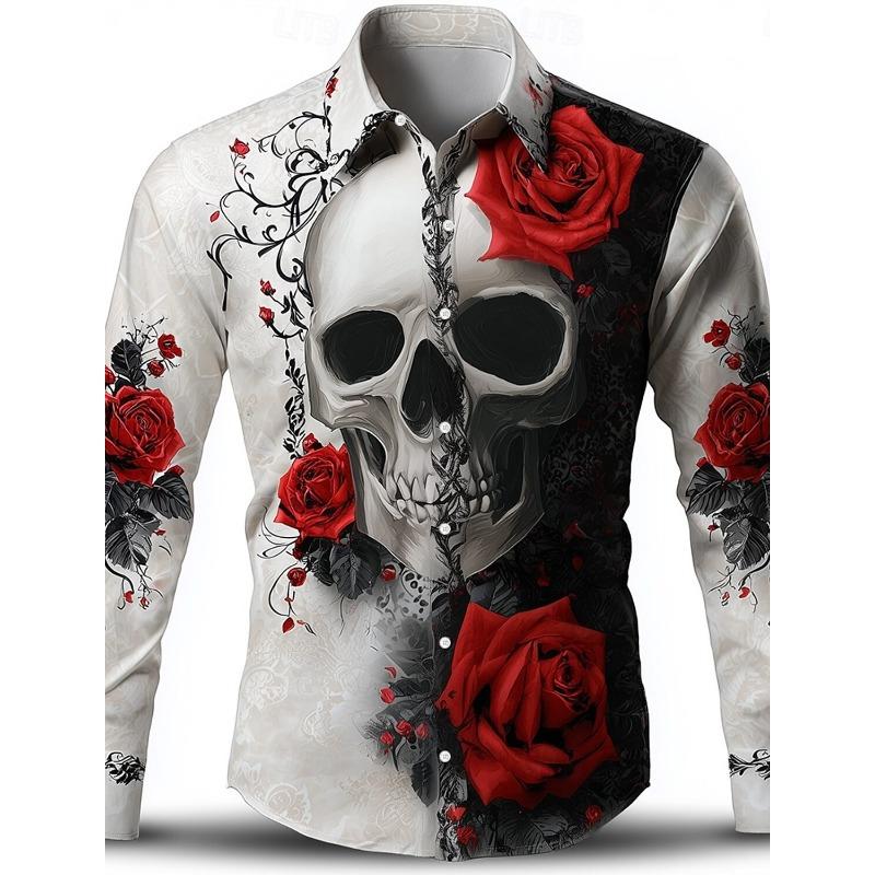 Halloween Thema Mannen Halloween Kostuums Schedels Shirt Knoopsluiting Shirt Casual Overhemd Lange Mouw Donkere Gotische Stijl Tops