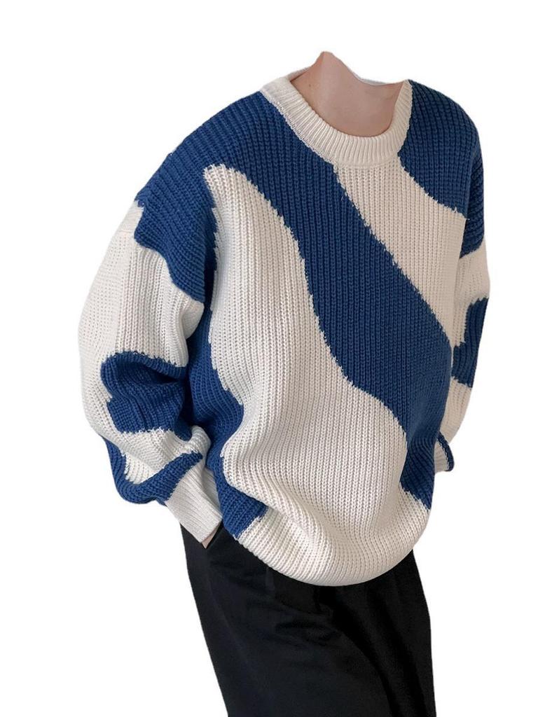 Boys' Contrast Color Knitted Pullover Sweater - Lazy Style, Loose Fit, Autumn/Winter, Korean Style