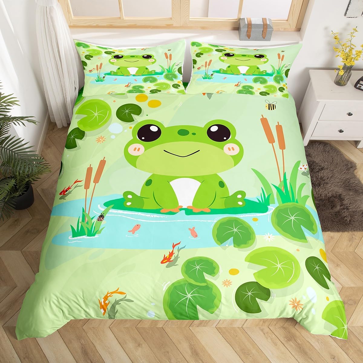 Filtration Facilities Unisex Lovely Frog Soft Duvet Cover Ful Quen,Carton Animals Theme Beding Set Kawai Frog Warm Comforter Cover Watercolor Plants Comfortable Quilt Cover