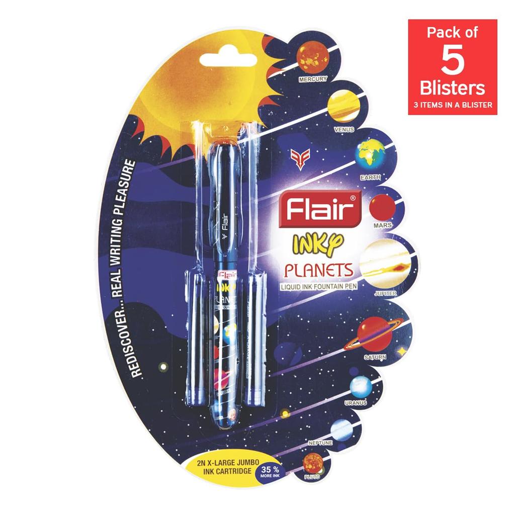 Flair Inky Series Planets Liquid Ink Fountain Pen Pack Of 5 Blue Ink With Jumbo Cartridges For School Office Writing