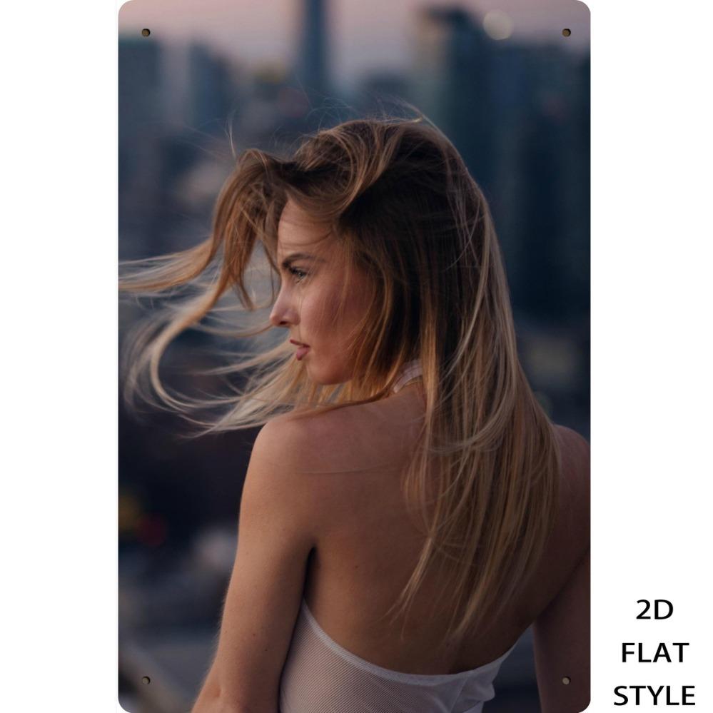 

HD Metal Tin Sign Windy Blonde in Sheer White Backless Top Retro Wall Decor for Man Cave Rooftop City View Style Room 20x30cm（7.8x11.8inch）