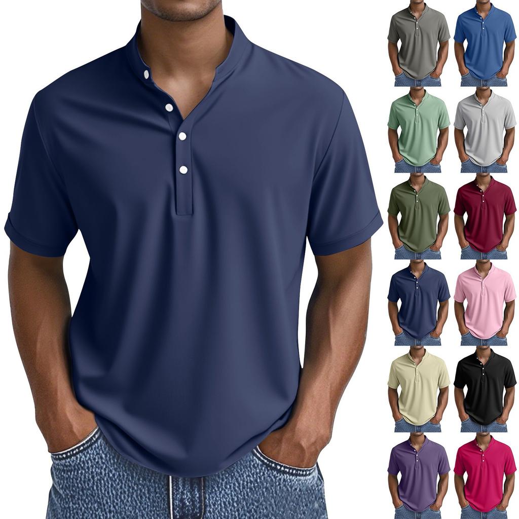 Men's Summer Solid Color Button Collar Short Sleeve Tops Men's Casual Loose Fashion Tops