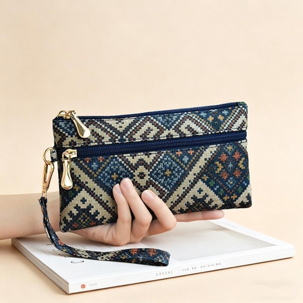 Double Zipper Ethnic Style Clutch Purse Polyester Wristlet Wallet Bohemian Long Wallet Women