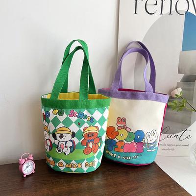 Lovely Cartoon Printed Bucket Bag Portable Canvas Tote Bag Students Lunch Cylinder Handbag