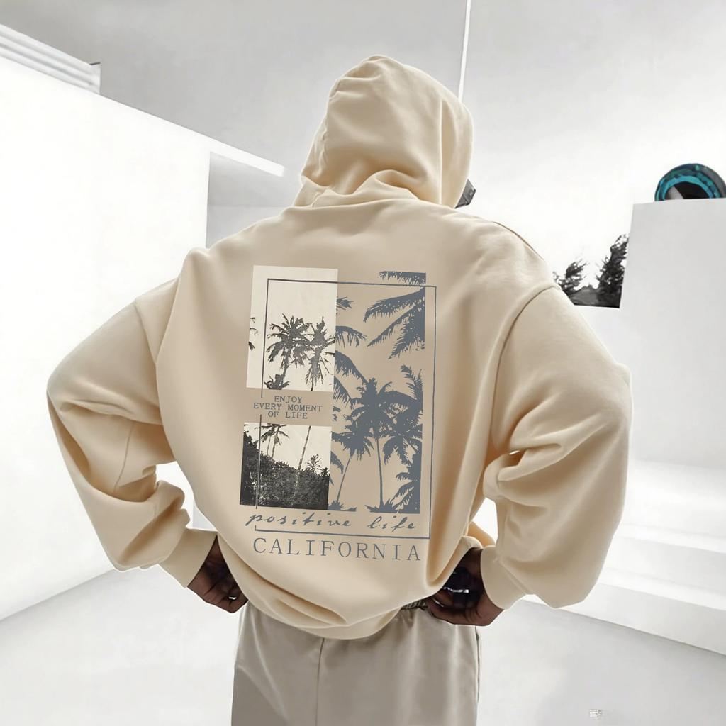 Heavy Terry Hooded Sweater CALIFORNIA Coconut Tree + Positive Energy Slogan Print Casual Style Jumper
