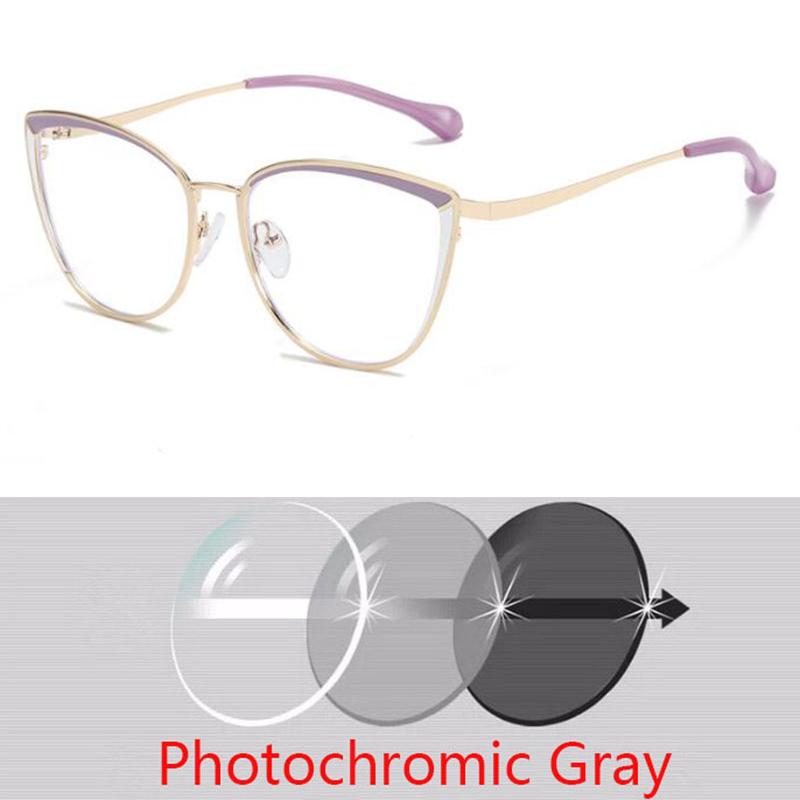 Anti-blue Light Cat Eye Prescription Spectacle Women Myopia Lens Photochromic Eyeglasses Diopter 0 -0.5 -0.75 -1.0 -2.0 To -6.0