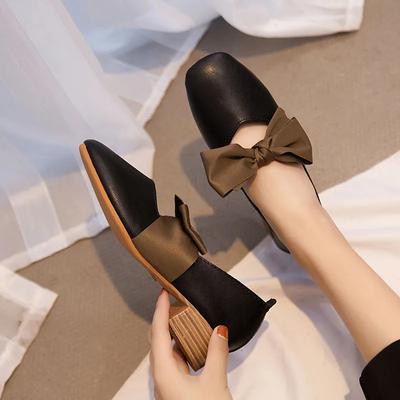 Mode Frühling Squaretoe Mary Jane Schuhe Damen Schleife Weiche Lederschuhe Flach Dicke Absätze Freizeitschuhe Vielseitige Damenkleid High Heels