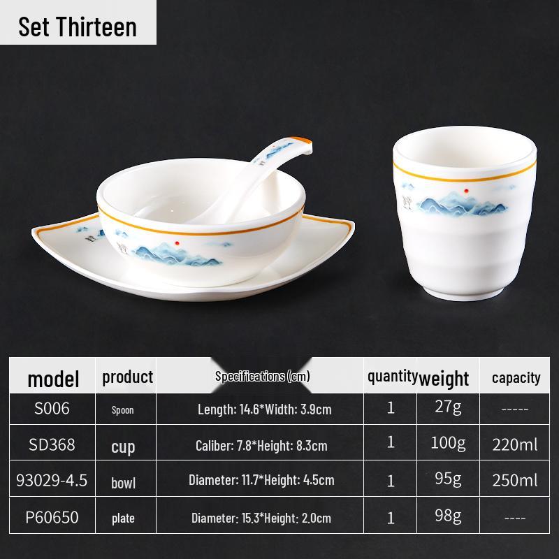 Melamine 4-Piece Chinese Tableware Set: Bowls, Plates, Spoons, Cups for Restaurants & Diners