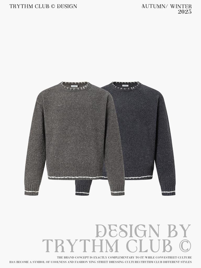 Solid Color Lace Trim Knit Sweater - Old Money Style, Unisex Long Sleeve Top