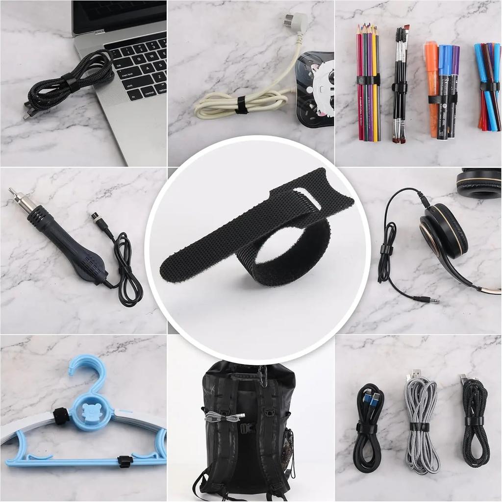 Releasable Cable Ties Black Nylon Loop and Hoop Fastener Tape Cord Straps Wire Organizer Multi-Purpose Bundling Wrap Tie