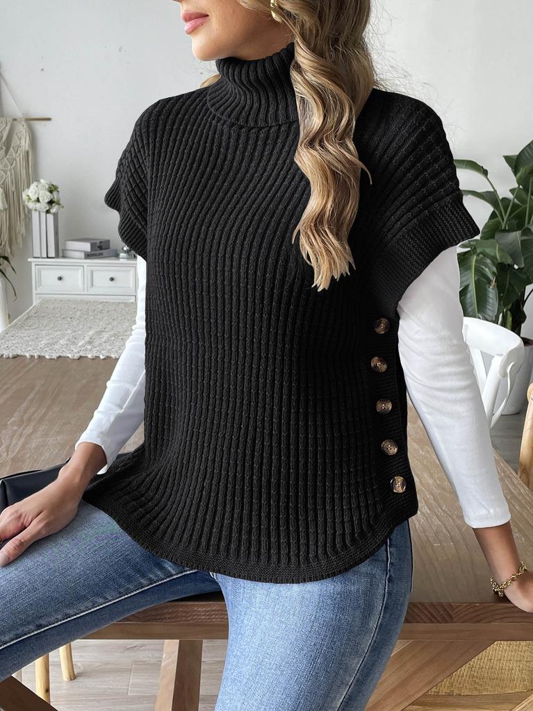 Women's Spring and Autumn New Vest European and American Women's Clothing High Neck Casual Pullover Sweater Vest Button Decorative Top