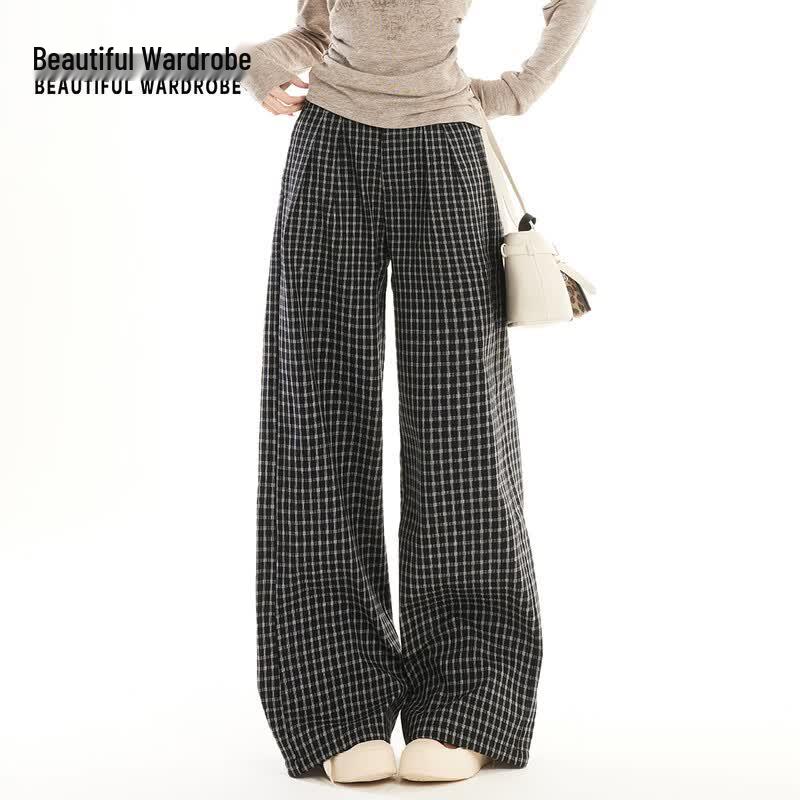 Women s Retro Plaid High-Waist Wide-Leg Pants 2XL