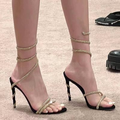 Mode Neue Damen High Heels Strass Schlangenriemen Sandalen Dünner Absatz Schuhe Mode Damen Sommer Slingback