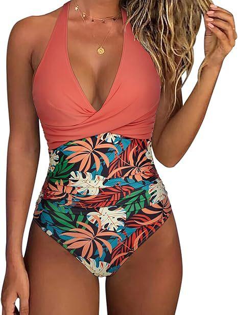 New Tight-fitting One-piece Swimsuit Women's Halter Sexy Cross-color Swimsuit