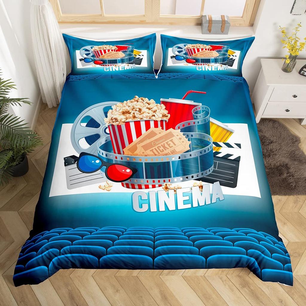 Vintage Kino Bettbezug für Familie Junge Mädchen Heimkinozimmer Dekor Vollständiges Film-Thema Bettdeckenbezug Film-Thema Bettwäscheset