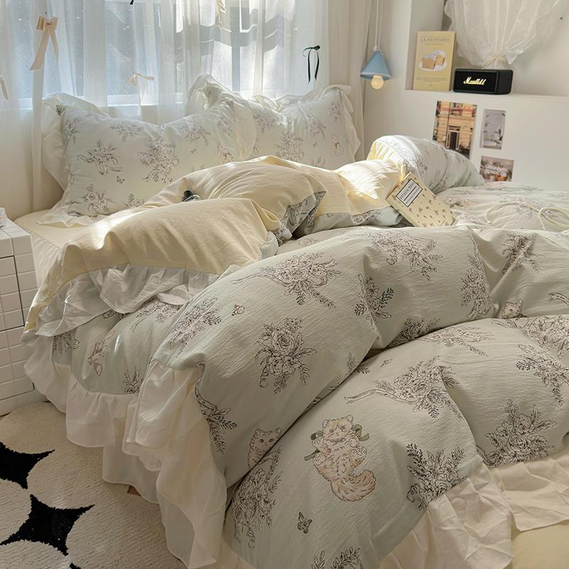 Ins Style French Romance Rose Flowers Bedding Set Washed Cotton 4pcs Bed Sheet Set Duvet Cover Set For Girl Bedding Decor Home