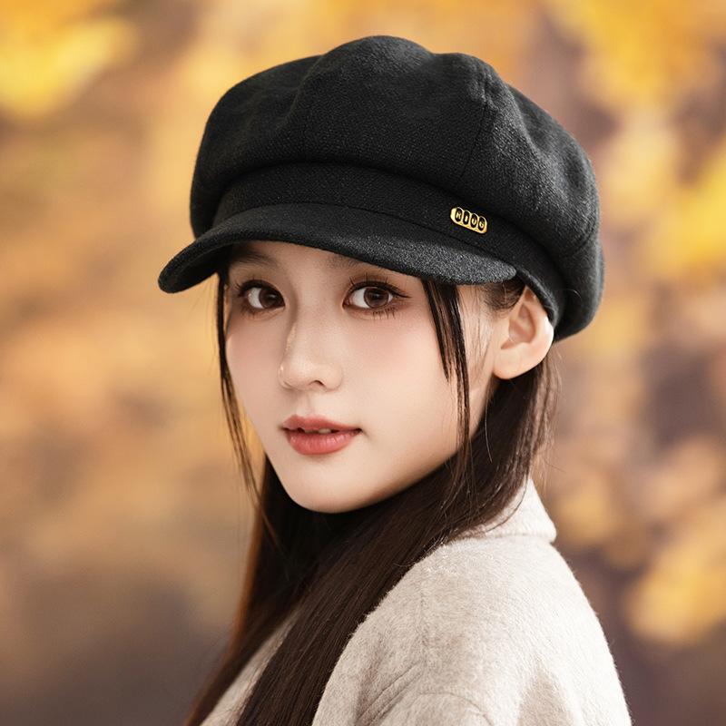 Autumn and winter hat women's big head circumference octagonal hat retro versatile fashion beret show face small painter hat
