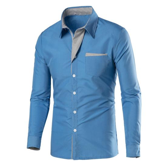 Fashion Men Stand Collar Long Sleeve Color Block Button Up Shirt Slim Fit Top