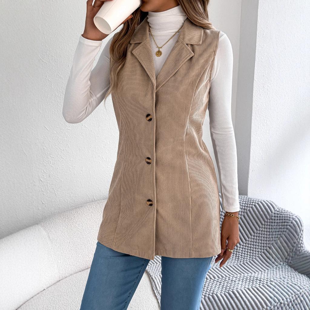 QICED Autumn and Winter Casual Single-breasted Suit Collar Corduroy Vest Jacket for Women