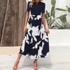 Women's Floral Maxi Dress Casual Round Neck Short Sleeves Ruffle Flowing Cocktail Wedding Guest Dress