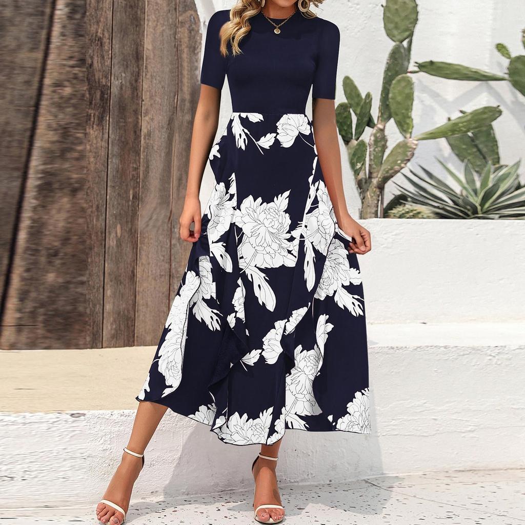 Women's Floral Maxi Dress Casual Round Neck Short Sleeves Ruffle Flowing Cocktail Wedding Guest Dress