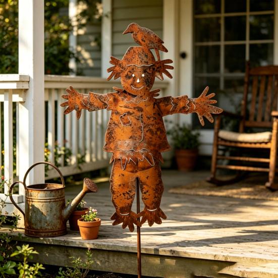 Metal Scarecrow Garden Stake, 27.36 Inches Rusty Scarecrow Yard Art Stake, Farmhouse Yard Sign with Stake, Rustic Outdoor Decoration for Lawn
