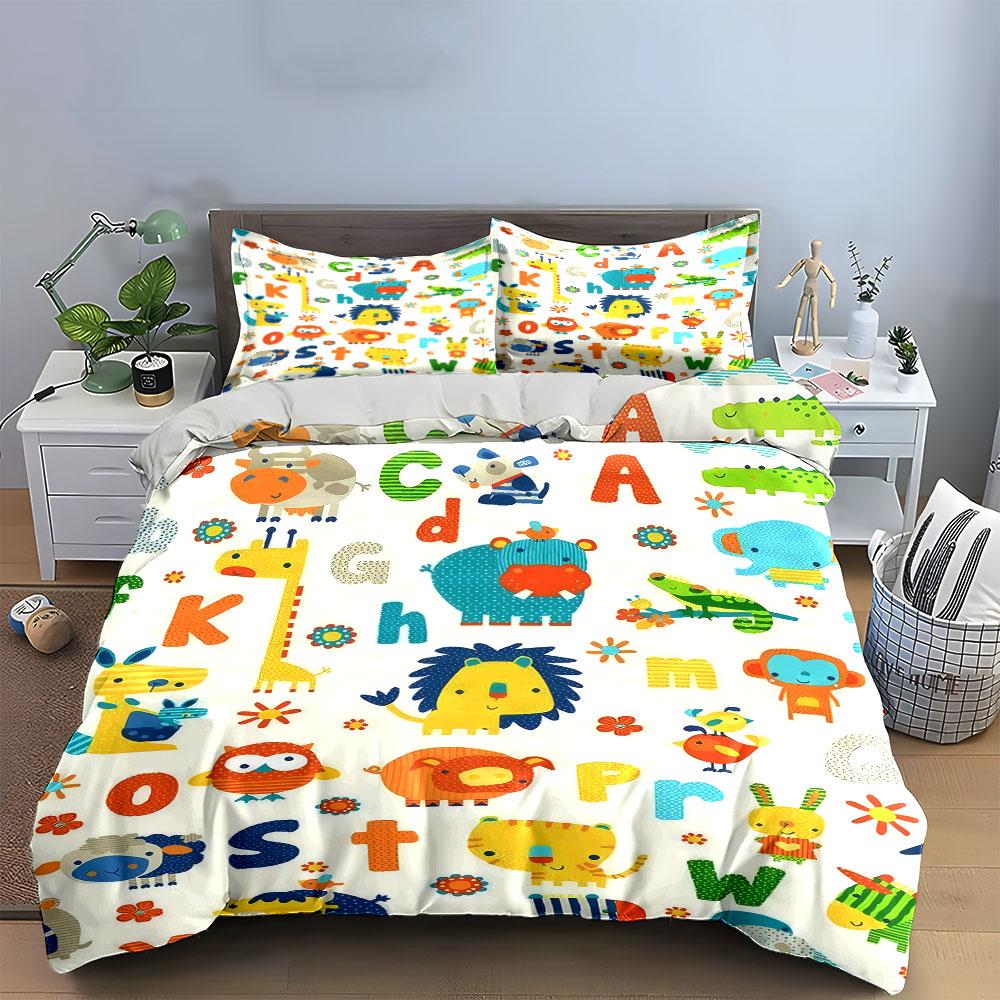 Ensemble 3 Pièces Housse de Couette Alphabet ABC Animaux de la Jungle pour Bambin Éducatif Chambre d'Enfant Simple Double King Queen Cadeau