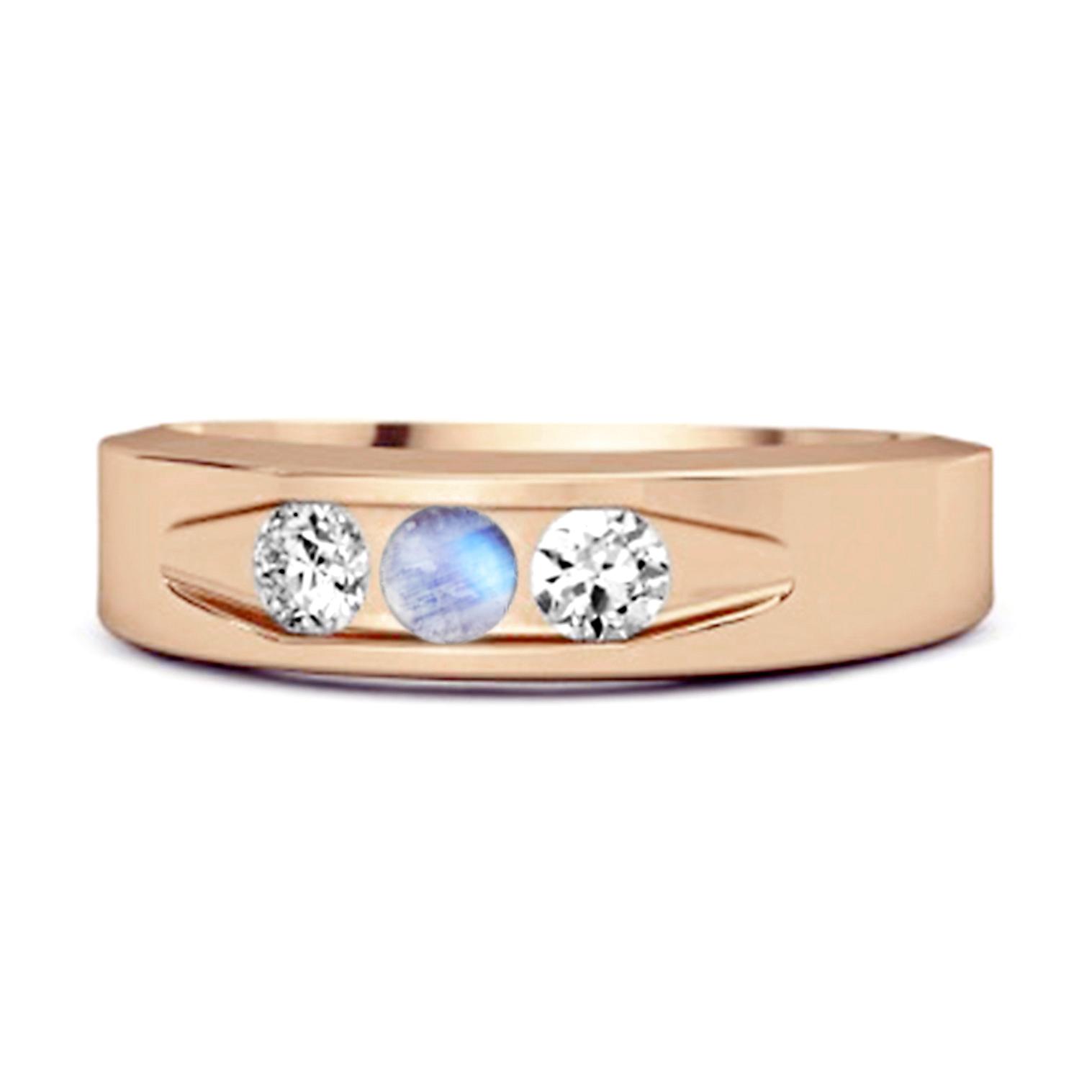 Moonstone Three Stone Band Ring - 925 Sterling Silver Rose Gold Vermeil 10