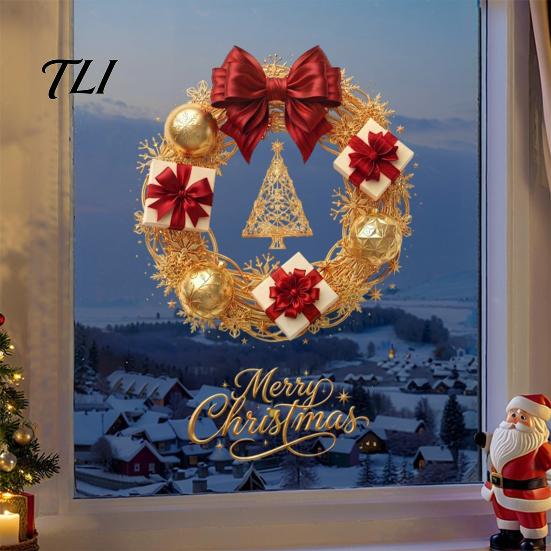 Seasonal Storefront Display Christmas Wreath Static Window Sticker, Decorative Decals for Glass Doors And Windows, Reusable Stickers Removable