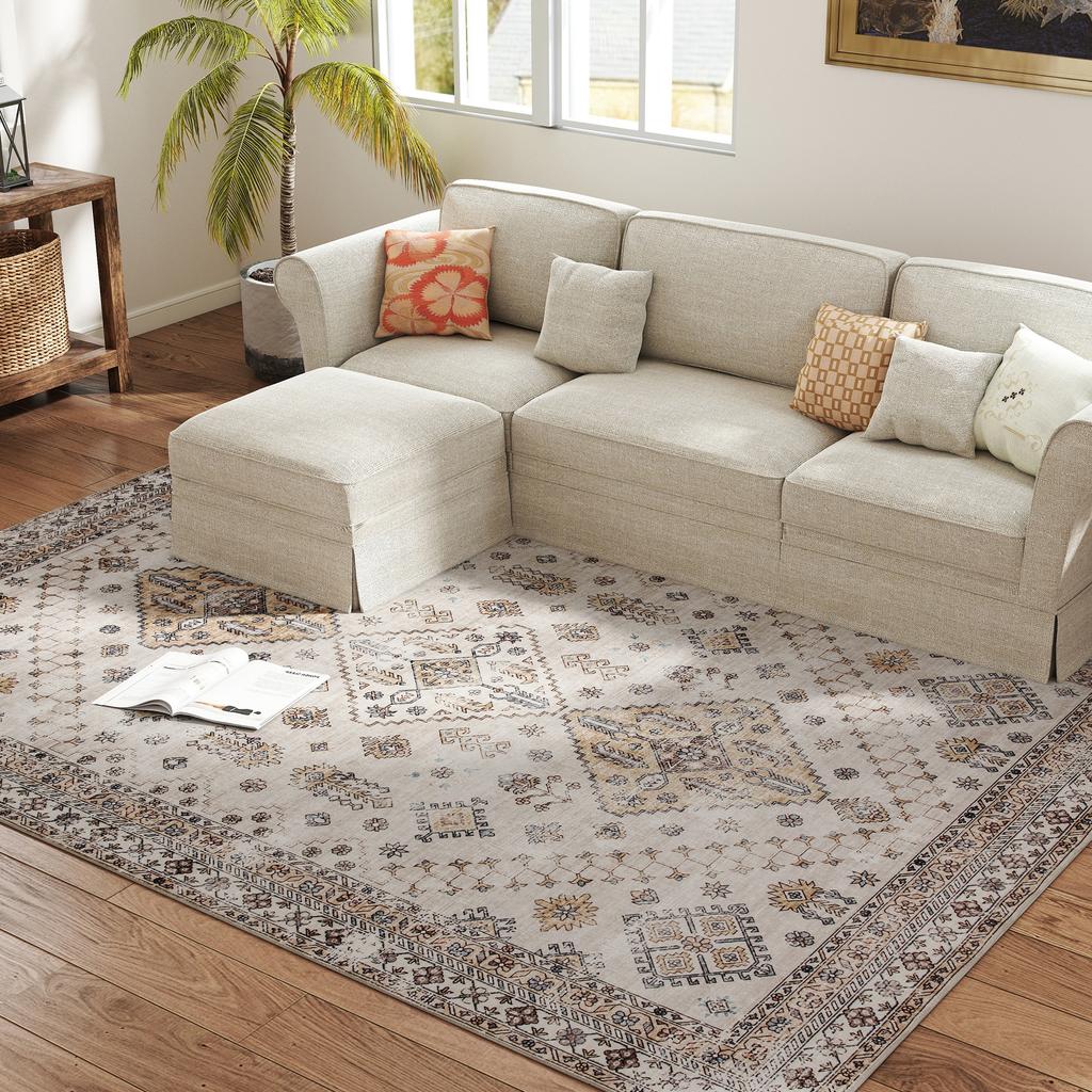 Vintage Area Rug, Non-Slip Washable Rug, Flannel Floor Carpet for Living Room, Bedroom, Dining Room, Home Office, 290 x 200 cm, Beige