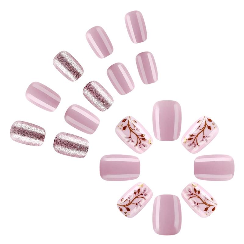 24 Pcs Short Square Press On Nail Purple Acrylic False Nail Glittering Artificial Nail Flowers Stick on Nail for Party