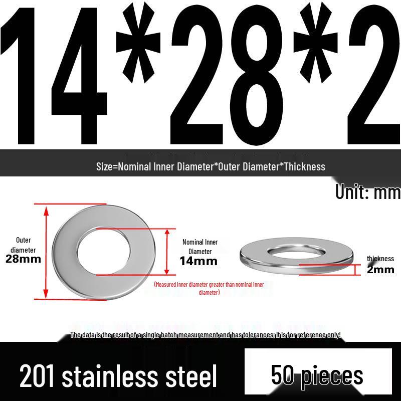 201 Stainless Steel Flat Washer Shim, GB97, Sizes M3 to M30