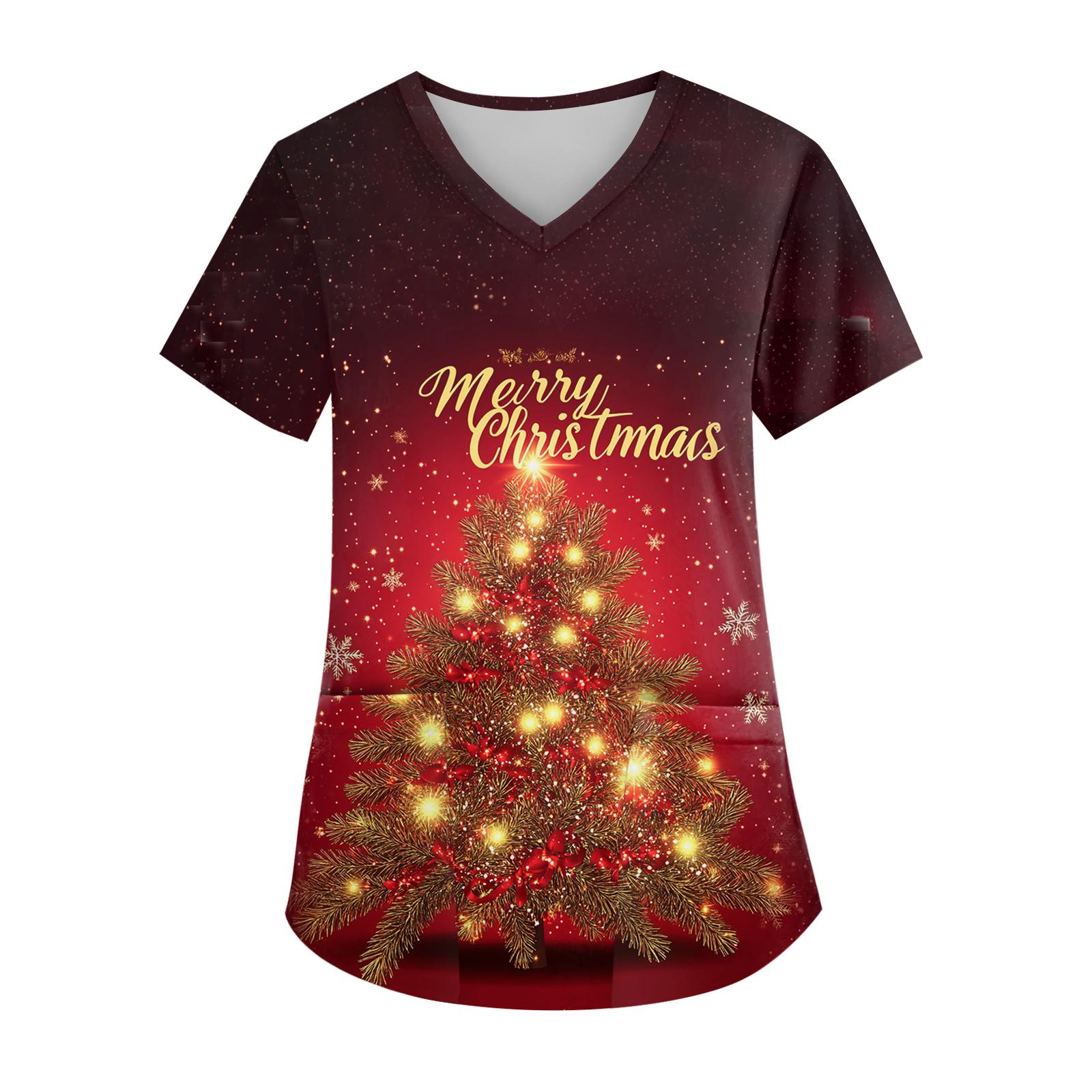 

Women s V-neck Christmas Print Short-sleeved Pocket Side Slit Uniform Top XL