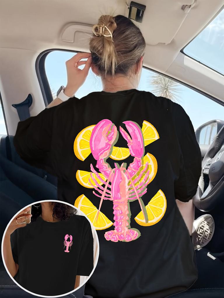 Womens  Cotton Lobster  Lemon Slice Graphic TShirt Short Sleeve Summer Top Tee Adies Beach Wear