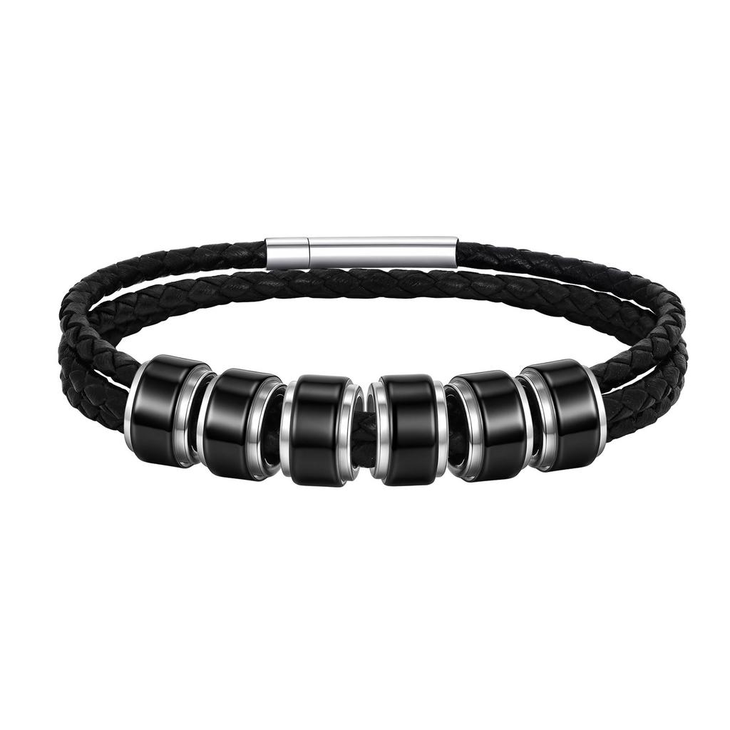 Customized Baeded Bracelets for Men Boys,3-Layers Leather Bracelet with Stainless Steel Tube,Jeweley Gift for Dad Husband