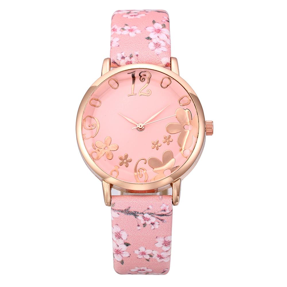 Women Fashion Embossed Flowers Small Fresh Printed Belt Student Quartz Watch