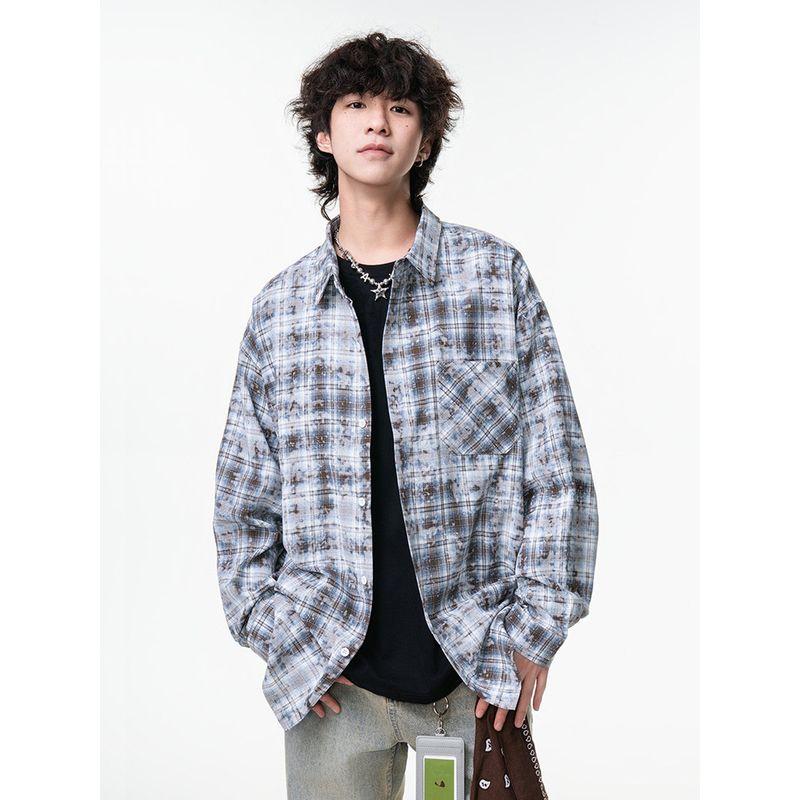 Wassup Trendy Tie-Dye Plaid Shirt for Men, Spring and Summer American Vibe Long-Sleeve Work Shirt, High Street Casual Jacket