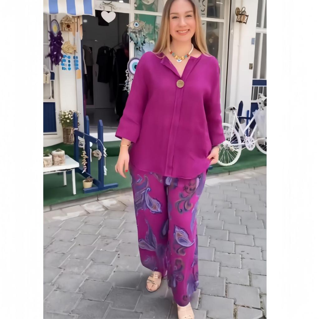 2024 Fashion Women's Cotton Linen Two-Piece Set: Loose Long Sleeve Top & Casual Print Pants