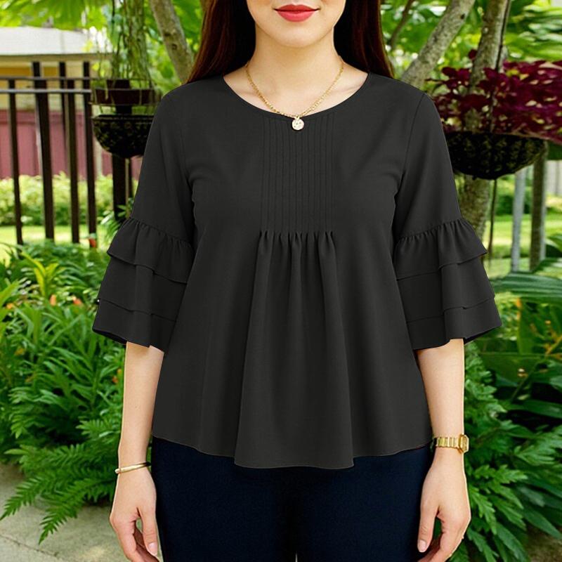 ZANZEA Women Casual Round Neck Solid Color 3/4 Sleeve Loose Blouse