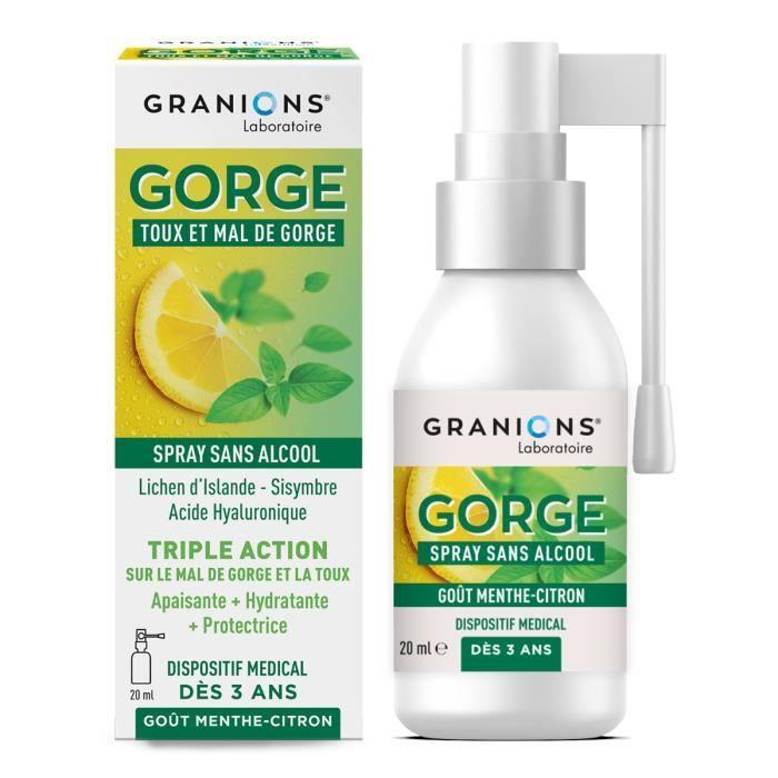 GRANIONS SPRAY GORGE -Toux et Mal de Gorge - Sans Alcool - Action Apaisante et Protectrice - Dispositif Médical - Goût Menthe-Citron