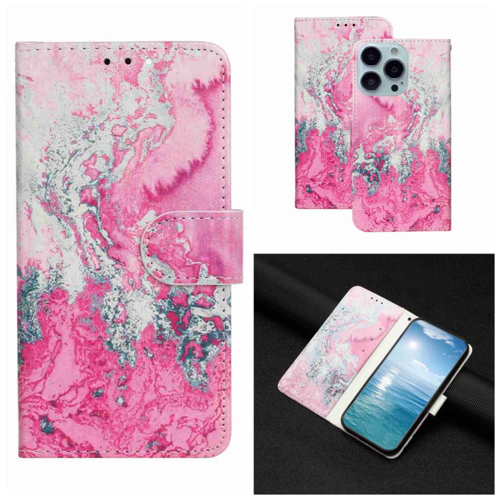 Pink Seawater Pattern Shockproof Card Slots PU Leather Wallet Case for iPhone,Samsung,Huawei,Xiaomi,Moto,Tecno,Google,Nokia,Oppo,ZTE,Blackview..