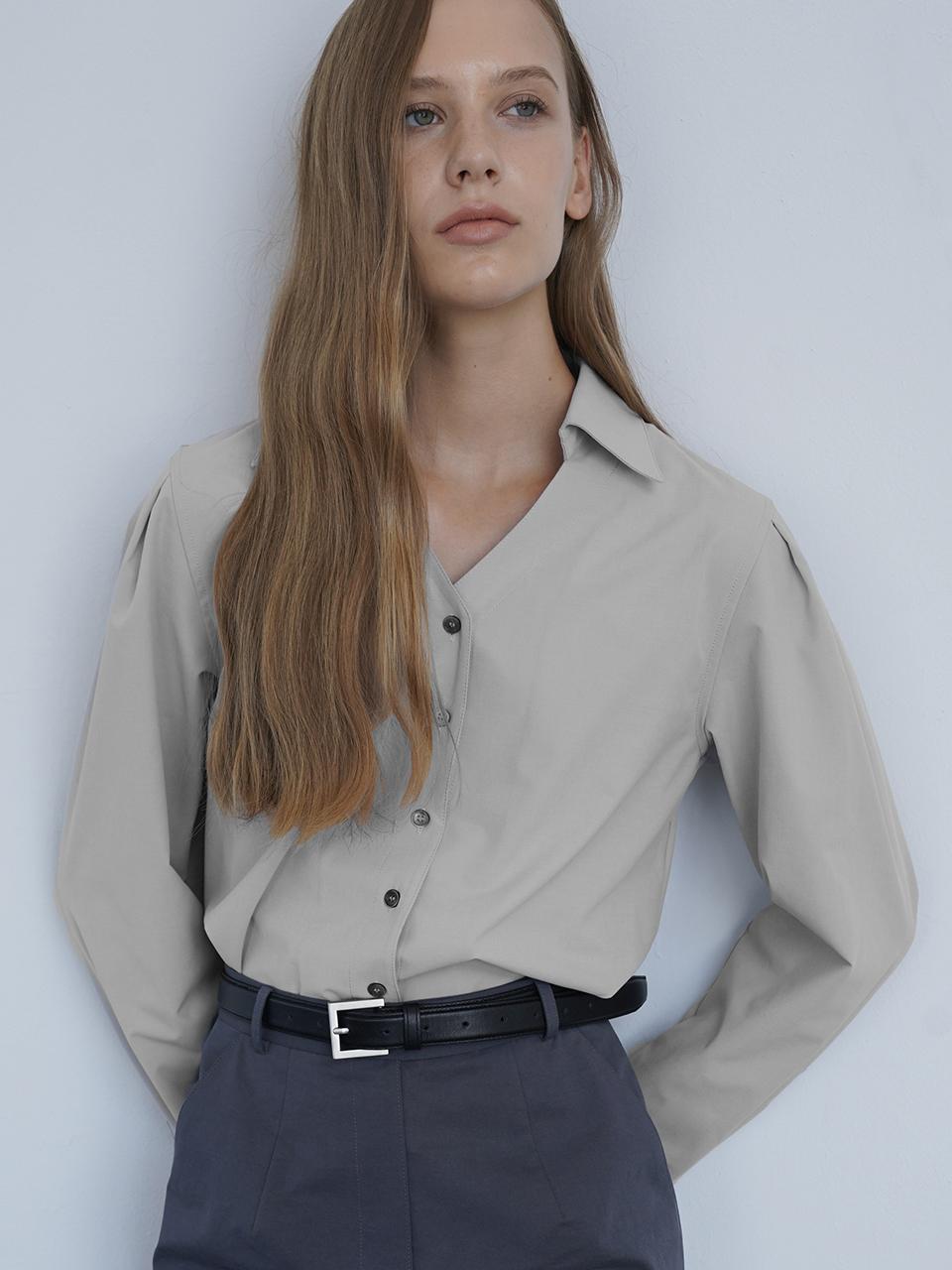 Raye Genie V-Neck Wrinkle Free Puff Sleeve Pleats Shirts Blouse (Grey)