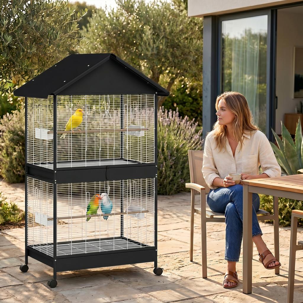 Large Bird Cage with Wheels, Removable Tray, Perches, Roof, Parrots, Canaries, Black