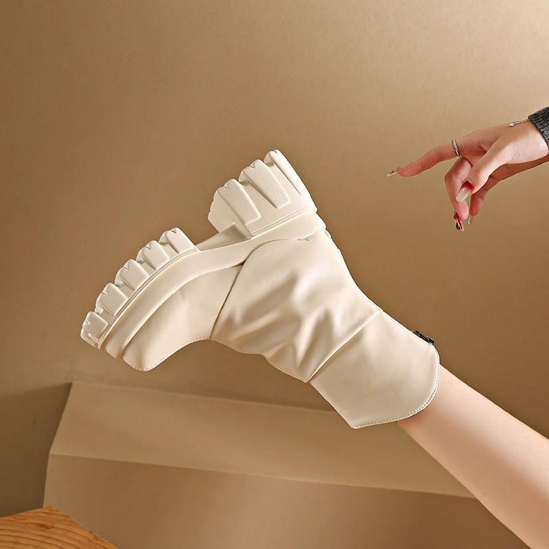 

9cm High Platform Ankle Boots for Women Fashion Leather Pants Boots Retro British Style Thick Soled Short Boots Botas Para Mujer 35 белый